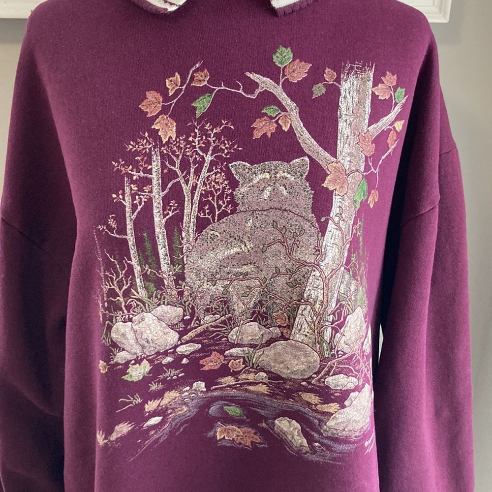 Vintage 90s 80s Morning Sun Purple Racoon Forest Collared Sweatshirt Large - Picture 3 of 12